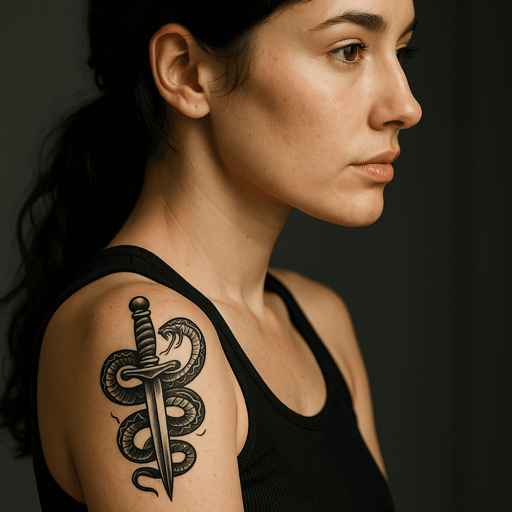 Tattoo of a snake wrapped around a dagger on woman’s shoulder